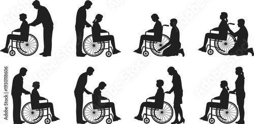 Black silhouettes of caregivers pushing people in wheelchairs, set of medical assistants and disabled patients in various poses on white.