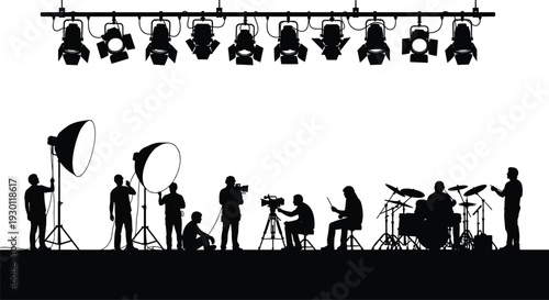 Black Silhouette of Film Crew and Music Band on Stage with Studio Lighting Equipment for Cinematography Television Production and Live Performance