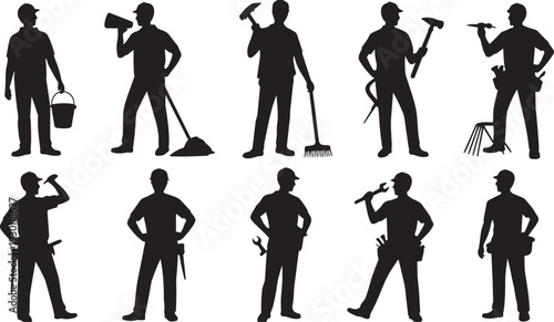 Construction worker silhouettes, toolbox carrying, hammer holding, shovel usage, rake handling, wrench tasks, screwdriver work, manual labor, teamwork artwork design