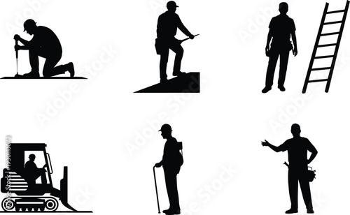 Construction worker silhouettes set with ladder and forklift isolated on white background