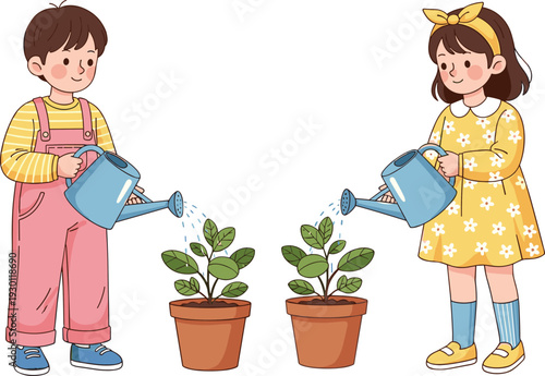 Cute cartoon children watering potted plants, little boy and girl gardening together, eco friendly kids activity vector illustration isolated on white background