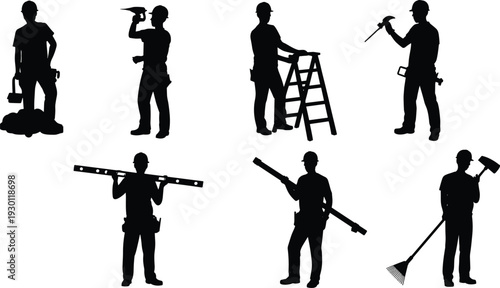 Construction worker silhouettes, toolbox carrying, power drill usage, ladder standing, hammer holding, level tool, pipe beam, rake sledgehammer artwork design