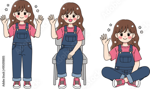 Cute cartoon girl character set waving hand in different poses, standing, sitting on chair and floor, kawaii kids vector illustration isolated on white background