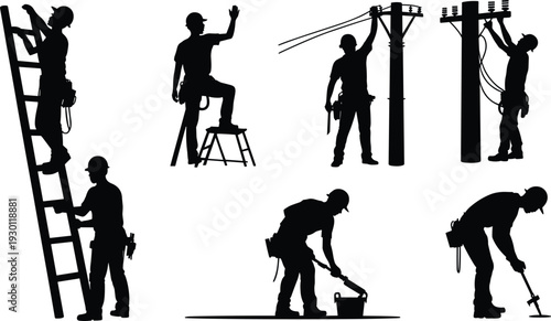 Electrician and construction worker silhouettes with ladder and power lines isolated on white background