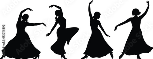 Black silhouettes of female flamenco dancers in traditional dresses, set of elegant women performing Spanish folk dance isolated on white.