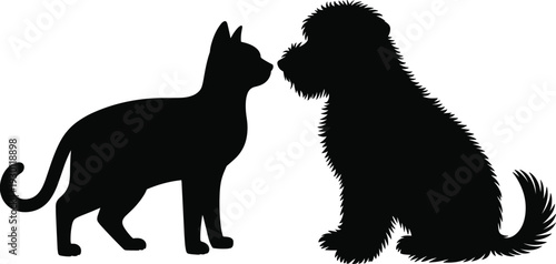 Cat and dog silhouette illustration facing each other, pet interaction artwork vector, animal communication design, household pets symbol, cad drawing flat vector illustration