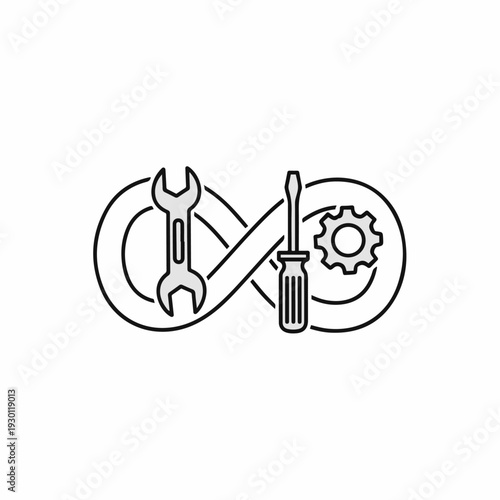 An artistic illustration of an infinite loop symbol composed of a wrench, screwdriver, and gear representing DevOps concept.
