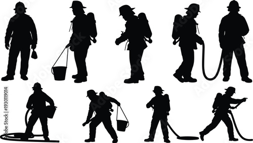 Firefighter silhouettes, emergency response, helmet gear, hose carrying, bucket usage, protective clothing, rescue teamwork, fire safety artwork design