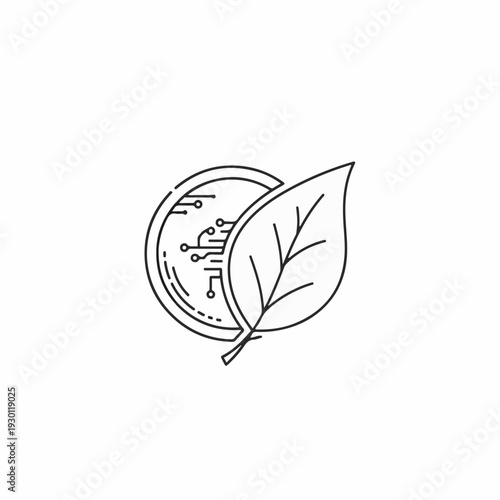 A compelling illustration where technology meets nature, a clean line art style. Illustrates a harmony between sustainable tech and green living.