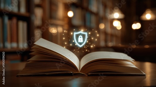 Glowing security shield and padlock icon appears above an open book in a library setting