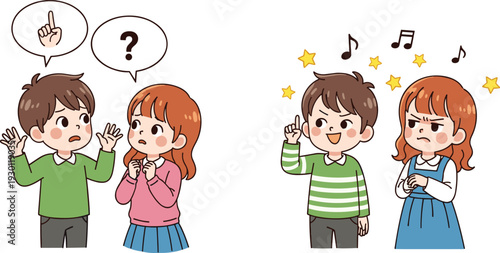 Cute kids expressing confusion and idea moments with question marks and music notes, cartoon emotion character vector illustration isolated on white background
