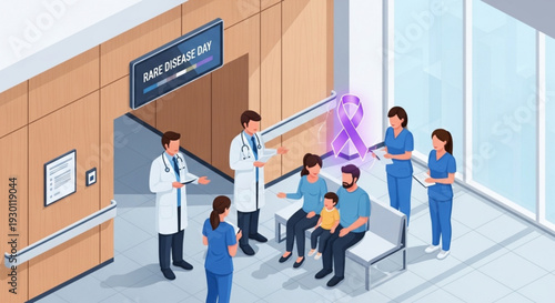 Medical professionals and patients in a hospital waiting room on world cancer day discussing health and support