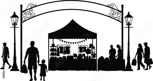 Street market entrance arch with vendor tent and shopping people silhouette vector illustration isolated on white