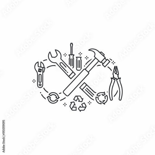 A collection of essential tools arranged in an artistic circular line, highlighting themes of craftsmanship and repair.