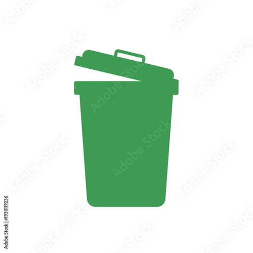 Green trash can with lid ajar in simple silhouette
