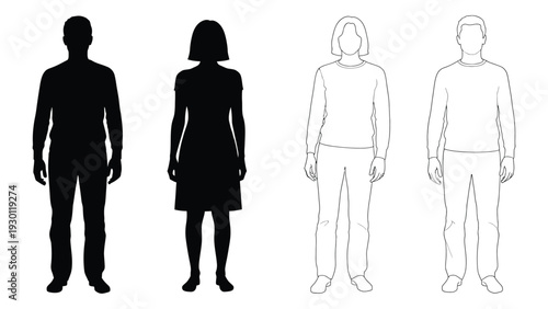 Four people standing in a line in different shades isolated on white background, Vector