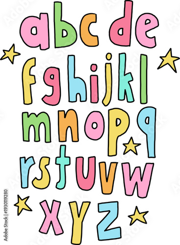 Hand drawn vector illustrations of a to z lower case alphabet letters for font, typography, text, message, words, campaign badge, initials, name, cute patch, sticker, pin, brooch, logo design, tattoo