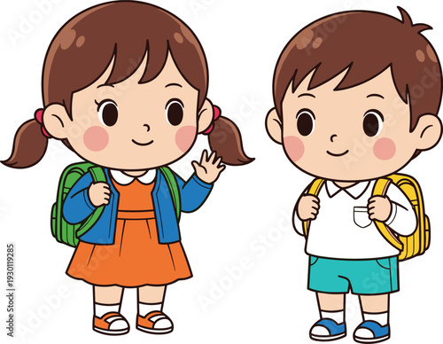 Cute school children with backpacks waving and smiling, cartoon boy and girl student vector illustration isolated on white background