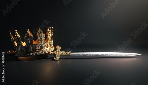 Wallpaper Mural Golden crown rests beside ornate sword on dark surface. Royal regalia symbolizes power, authority, and potential conflict. Represents monarchy, leadership, and succession. Torontodigital.ca