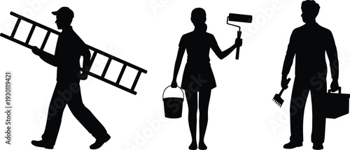 Home improvement silhouettes, ladder carrying, painting work, toolbox repair, wrench usage, screwdriver tasks, maintenance labor, teamwork illustration artwork design
