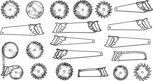 Saw Blades and Handsaws Doodle Illustration: Woodworking Tools Sketch