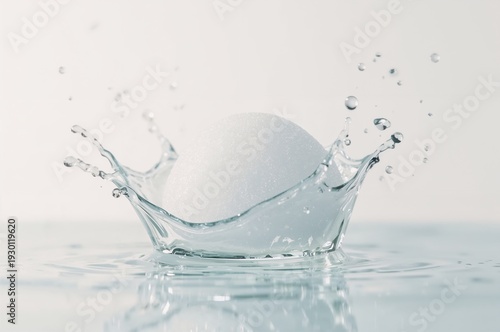 Dynamic water splash with a smooth white object, creating a refreshing, clean impact on a reflective surface.