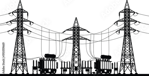 Silhouette of electrical substation, transmission towers, transformers, high voltage power lines, energy infrastructure, electricity distribution, industrial system, urban utility