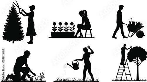 Black silhouettes of people gardening and landscaping, set of various figures pruning trees, watering plants, and using wheelbarrows on white.