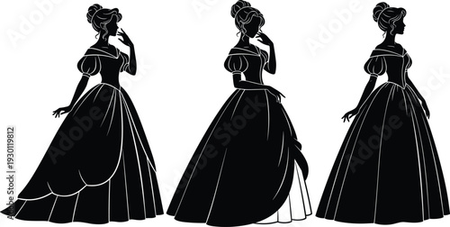 Elegant Victorian woman silhouette collection in vintage ball gown dresses, black retro female character vector illustration set isolated on white background