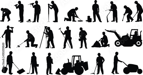 Industrial and construction worker silhouettes set with tools and machinery isolated on white background