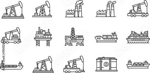Silhouette icons of oil and gas industry, pump jack, offshore rig, cargo ship, LNG tanker, refinery, energy production, transportation, storage