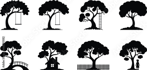 Black silhouettes of various trees with swings, houses, and fences, set of nature landscape elements isolated on white background.