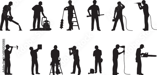 Industrial worker silhouettes set, professionals with tools and equipment isolated on white background