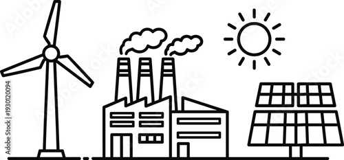Renewable and industrial energy concept with wind turbine factory smokestacks and solar panels vector line icon illustration