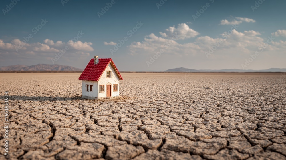 © Suryani - A small toy house stands alone on a vast expanse of cracked, dry earth under a blue sky