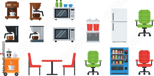 Flat Vector Illustration Set of Office Breakroom Essentials Featuring Coffee Makers, Microwaves, Water Dispenser, Refrigerator, Vending Machine, Dining Table, and Colorful Ergonomic Office Chairs.