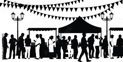 Outdoor street festival crowd queue at food market stalls with flags and tents silhouette vector illustration