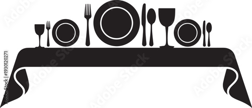 Black table setting with dinnerware and glassware on white background