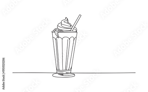 Vector line drawing of a milkshake with whipped cream and straw