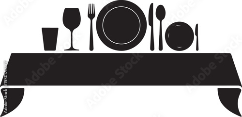 Black table setting with dinnerware and glassware on white