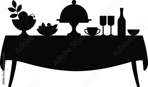 Elegant buffet table silhouette with food platter, wine glasses and serving tray, catering restaurant dinner party vector illustration