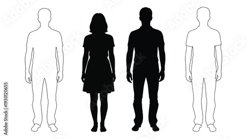 Four human silhouettes standing in a row isolated on white background, Vector