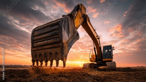 Heavy construction excavator machinery working on an open site at sunset with dirt