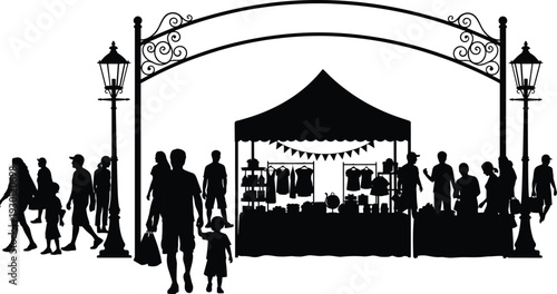 Outdoor market entrance arch with vendor tent and shopping crowd silhouette vector illustration isolated on white
