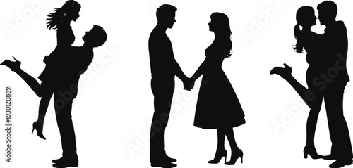 Romantic couples silhouette illustration with love poses, affection artwork vector, relationship design symbol, valentine concept drawing, cad drawing flat vector illustration