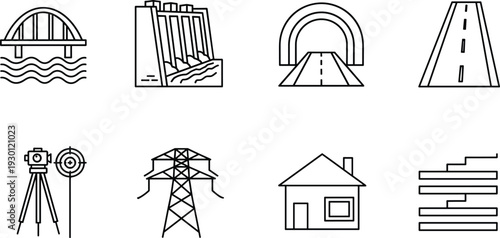 Infrastructure and construction line icon set including bridge dam road survey tower house and highway elements vector