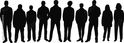 Silhouette illustration of diverse group of people standing together, unity concept artwork, anonymous crowd design vector, community symbol, cad drawing flat vector illustration