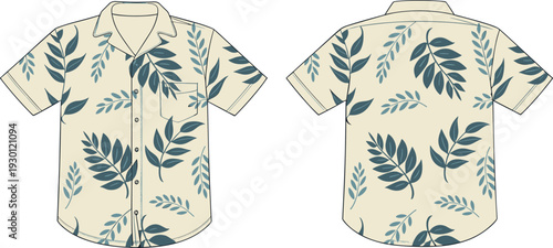 Short sleeve button up tropical aloha shirt with leaf print pattern cad drawing flat vector illustration technical sketch