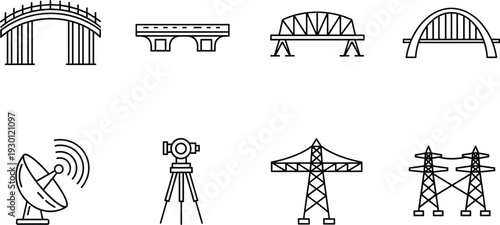 Infrastructure line icon set, bridges communication antenna and power transmission tower vector illustration isolated on white