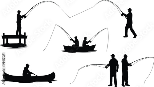 Fishing Silhouettes Collection with Anglers on Boat Dock and Shore Isolated on White Background Vector Illustration Set